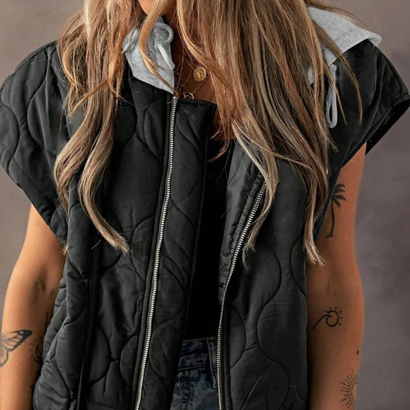 Black Boho Women's Quilted Cozy Warm Free Style Drawstring Hooded Puffer Vest - Picture 1 of 4